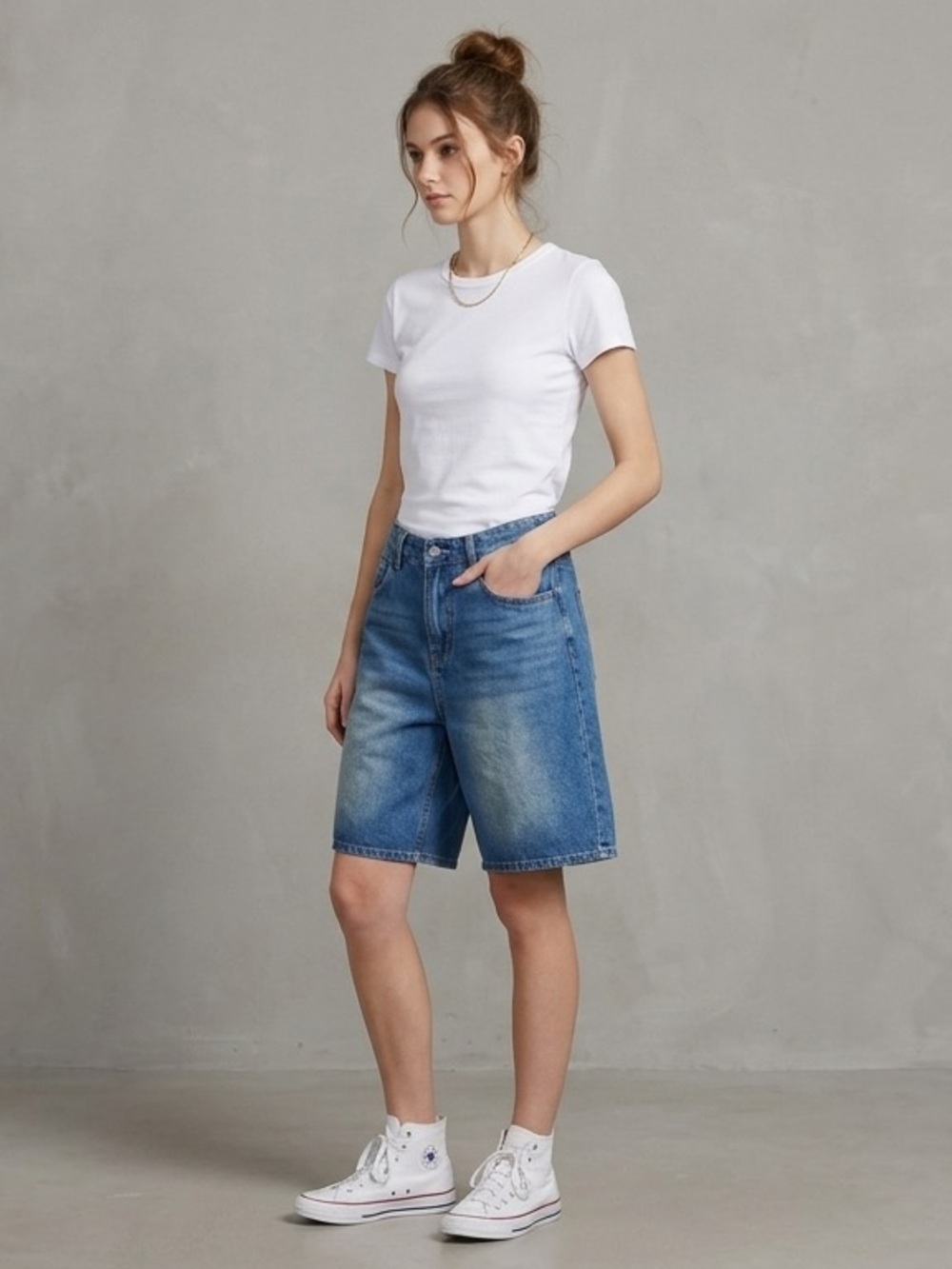 High-Rise Mid-Length Denim Bermuda Shorts - Blue